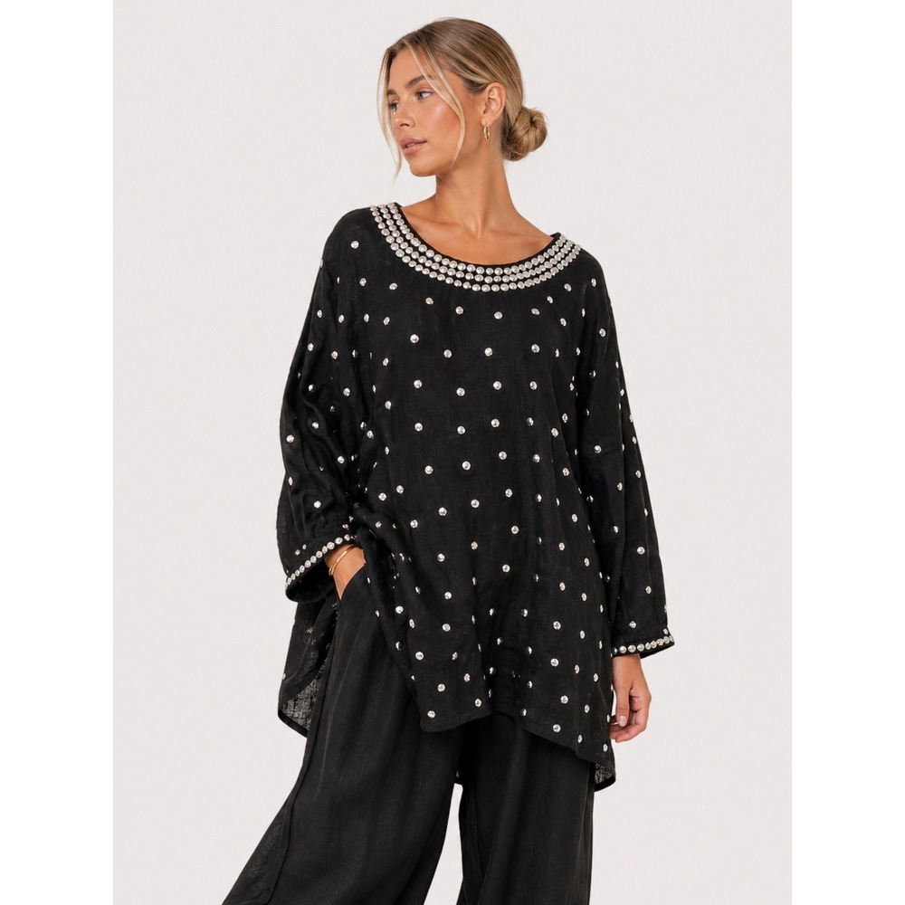 Laise Adzer Black Woven Lagenlook Embellished Tunic Top Oversized Art Wear L XL